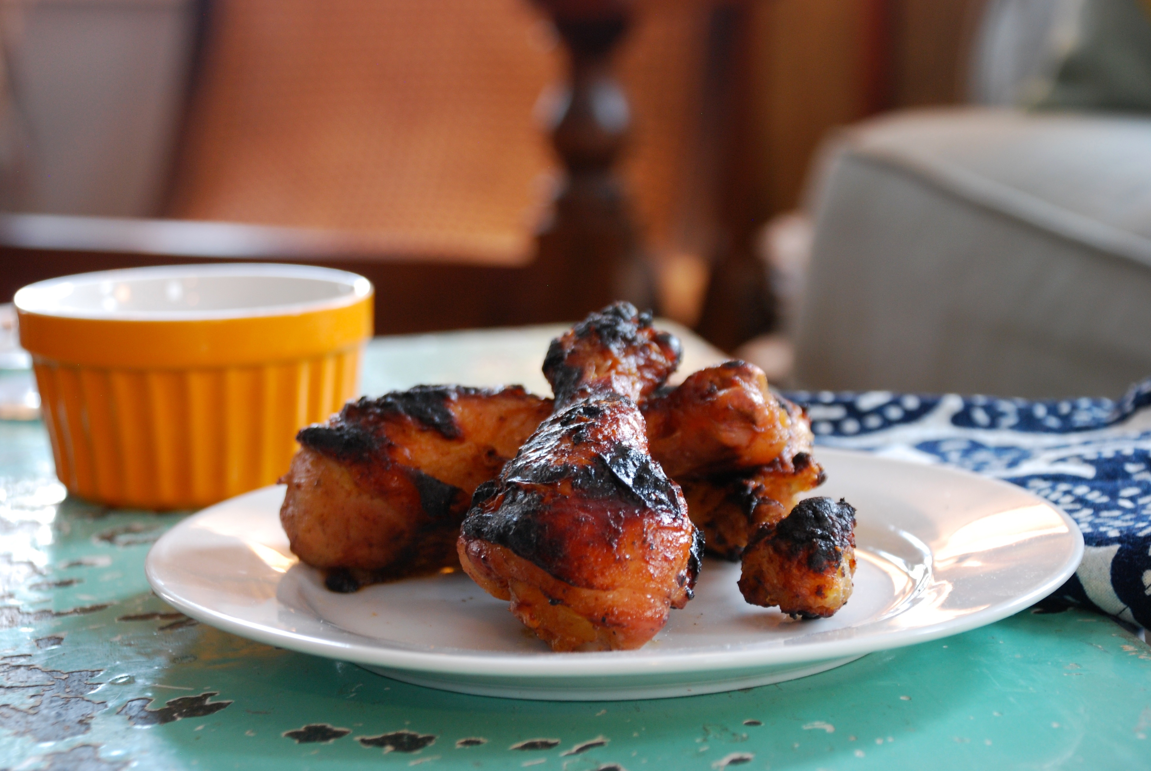 Orange-Maple Chicken Drumsticks with Orange-Gorgonzola Dipping Sauce